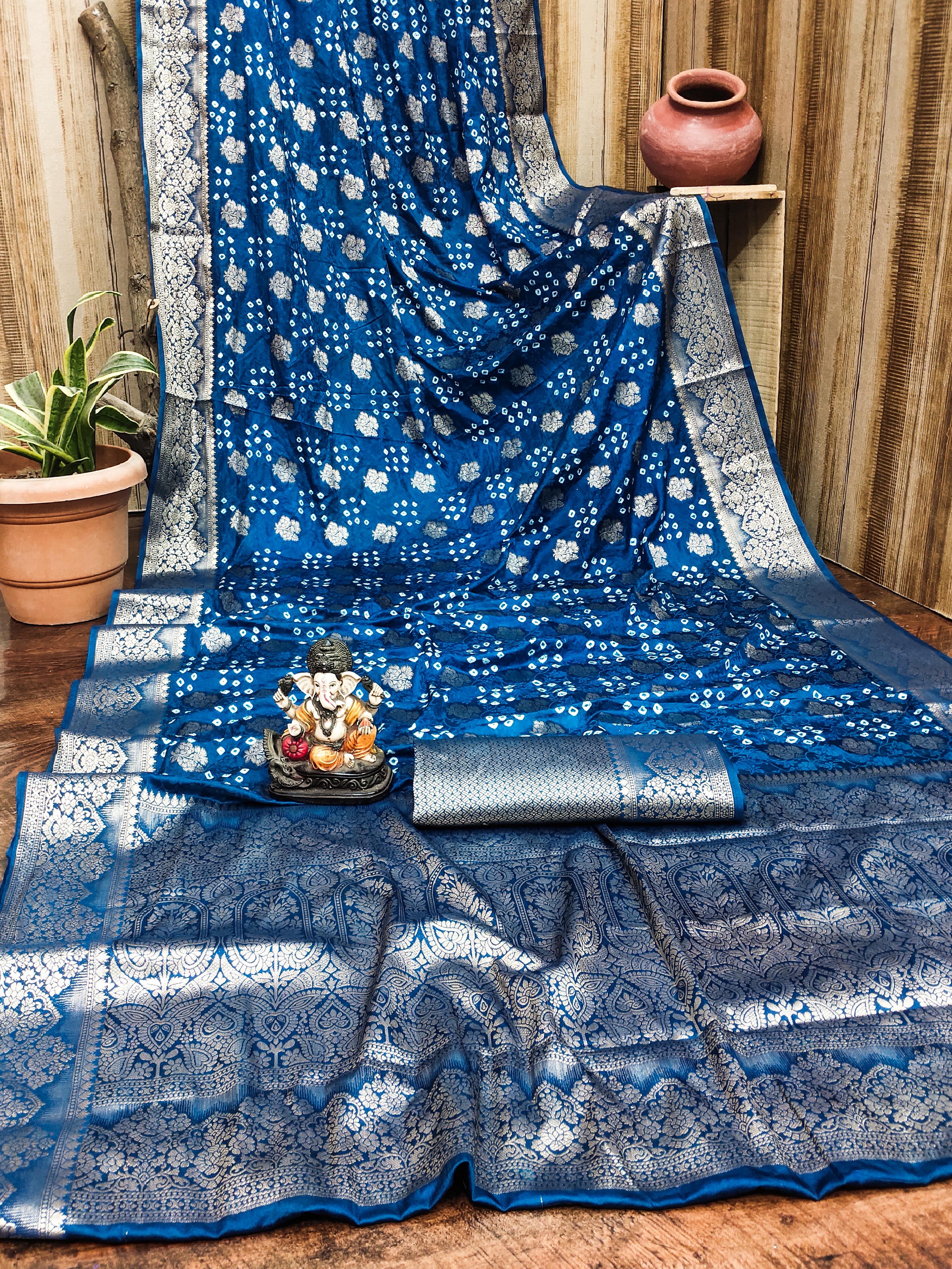 Lekha VC Shakuntala Satin Silk Bandhej With Zari Weaving Butta Saree