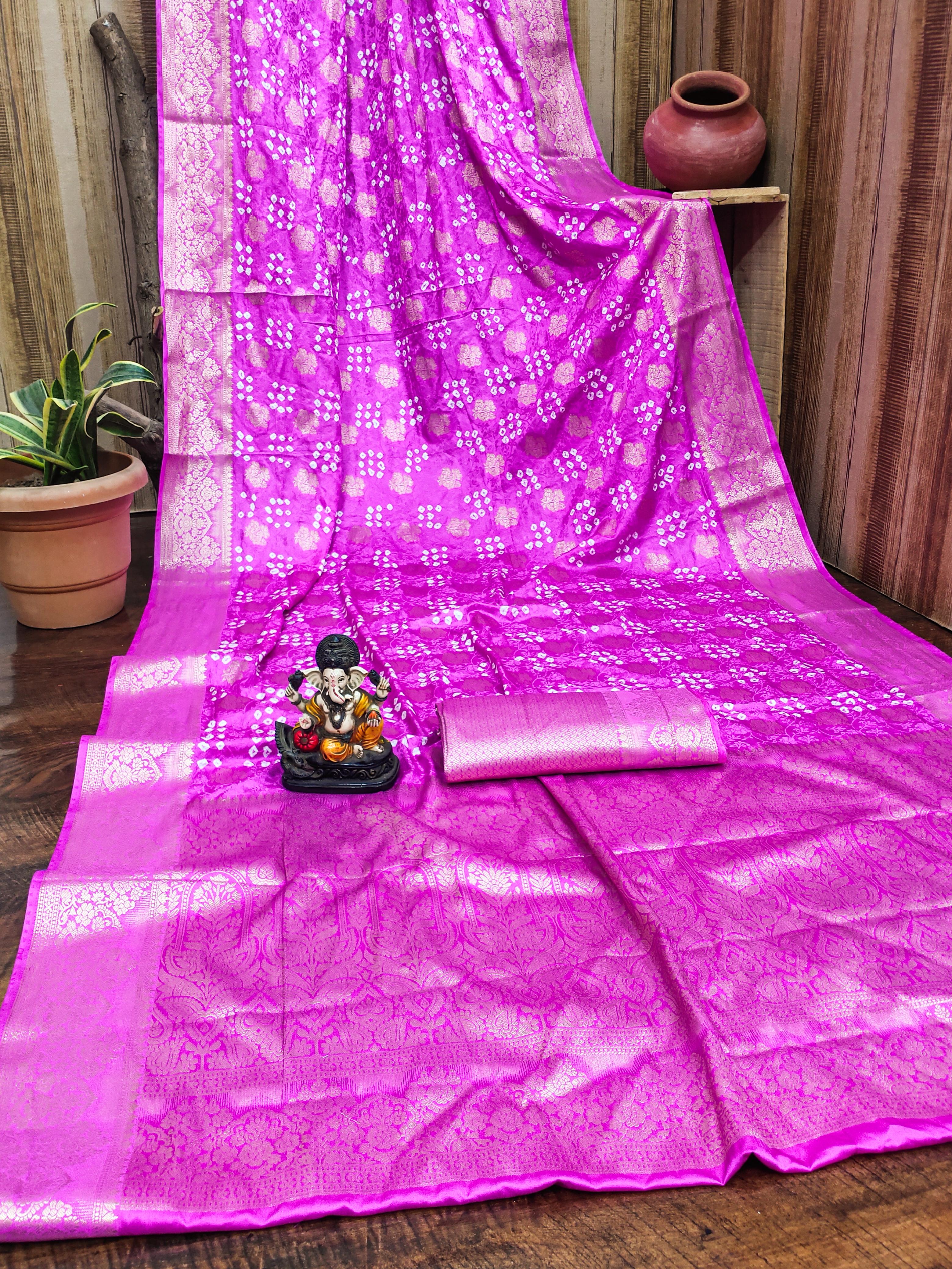 Lekha VC Shakuntala Satin Silk Bandhej With Zari Weaving Butta Saree