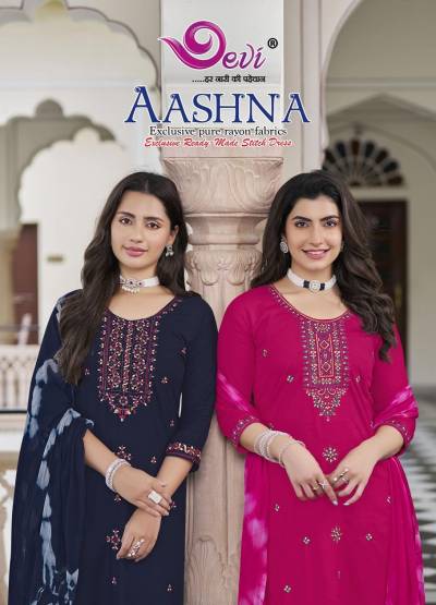 Devi Aashna Vol 1 Rayon Embroidered Kurti Pant With Dupatta