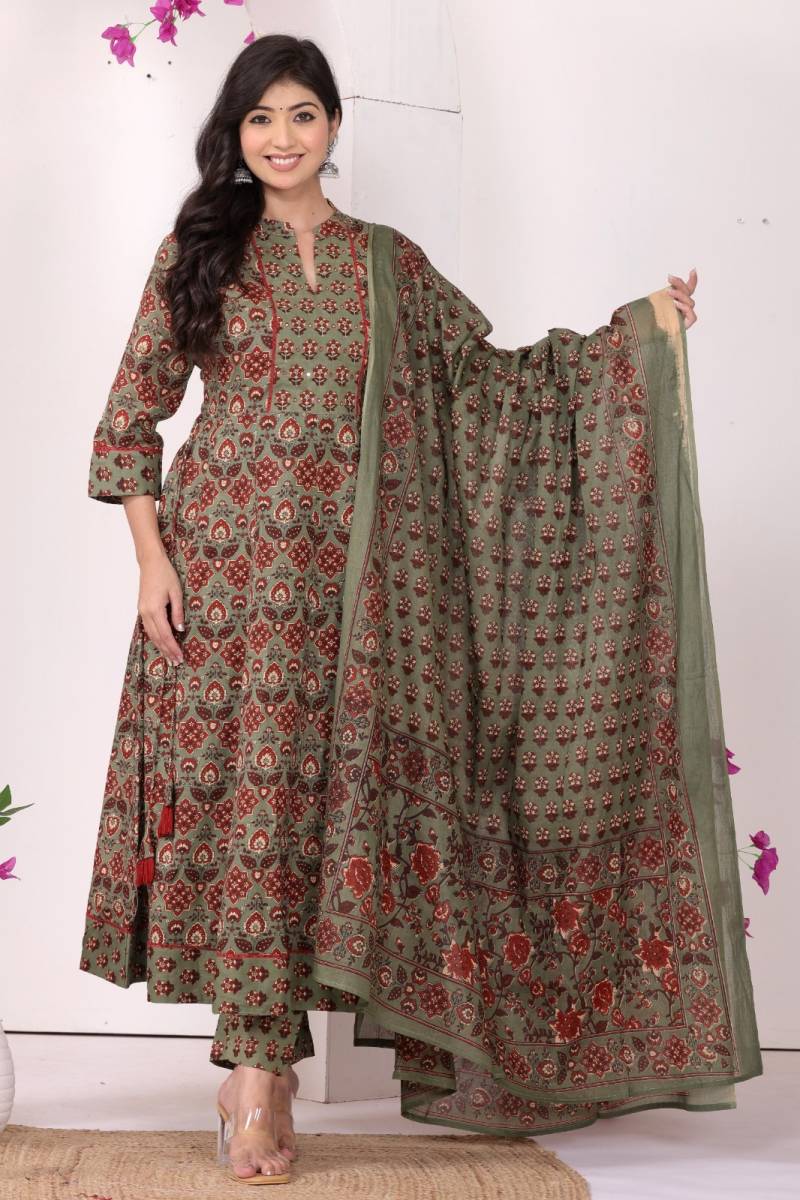 Naisha K 318 Vol 3 Pure Cotton Long Anarkali Kurti Pant And Dupatta Collection