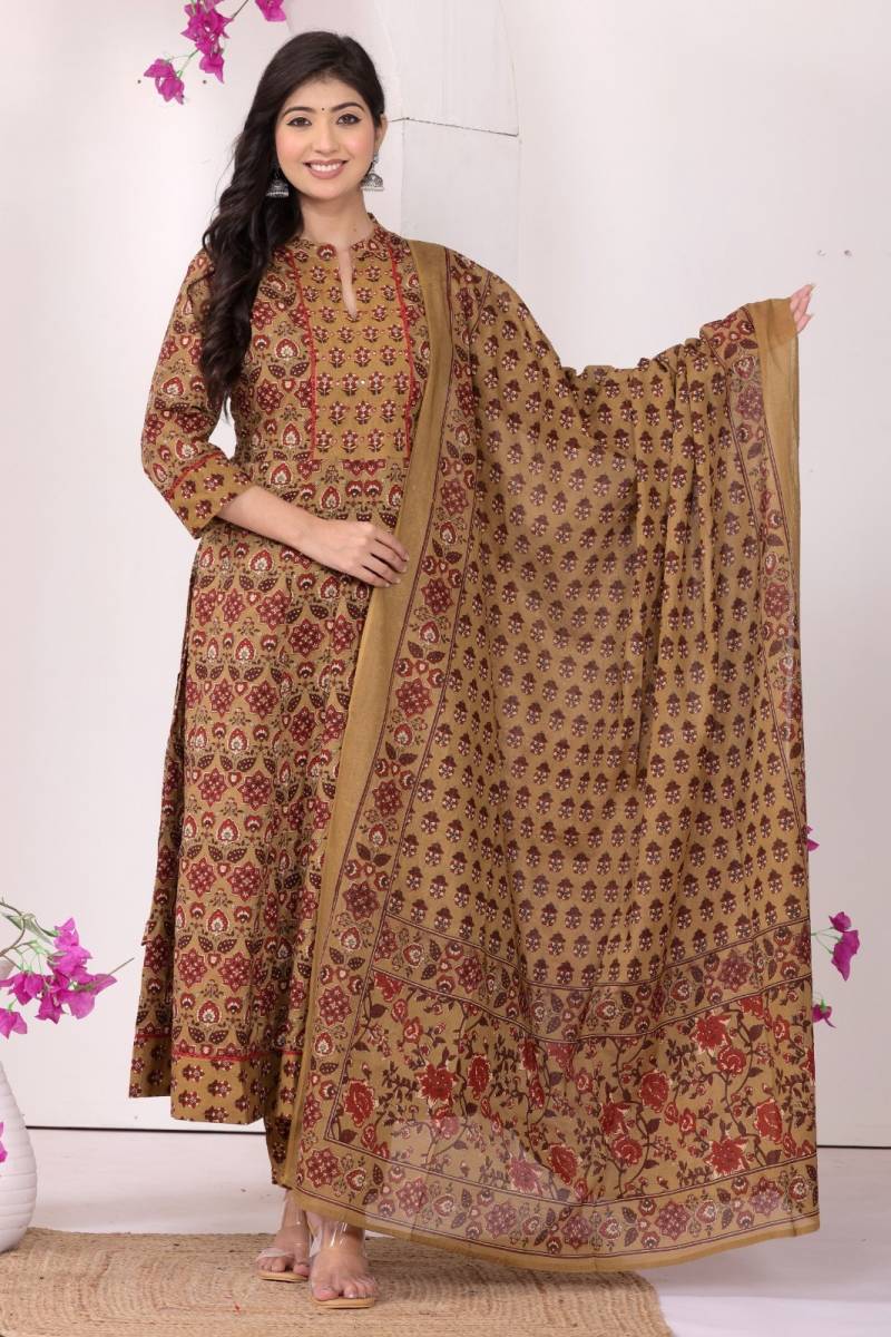 Naisha K 318 Vol 3 Pure Cotton Long Anarkali Kurti Pant And Dupatta Collection