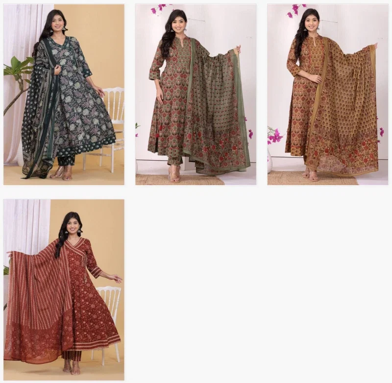 Naisha K 318 Vol 3 Pure Cotton Long Anarkali Kurti Pant And Dupatta Collection