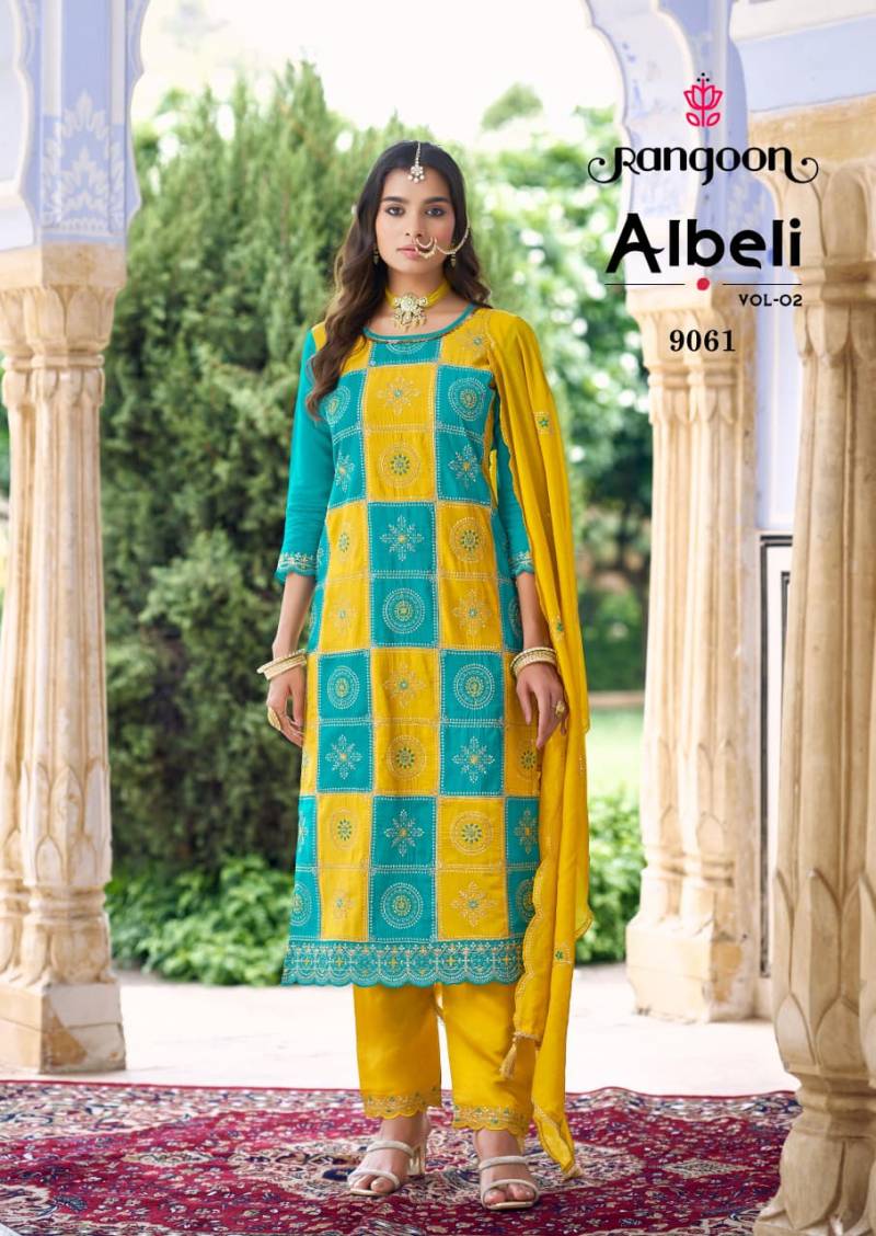 Rangoon Albeli Vol 2 Silk Fancy Work Kurti Pant And Dupatta Collection