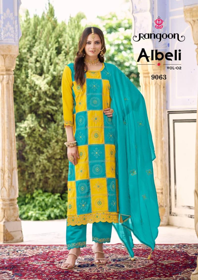 Rangoon Albeli Vol 2 Silk Fancy Work Kurti Pant And Dupatta Collection