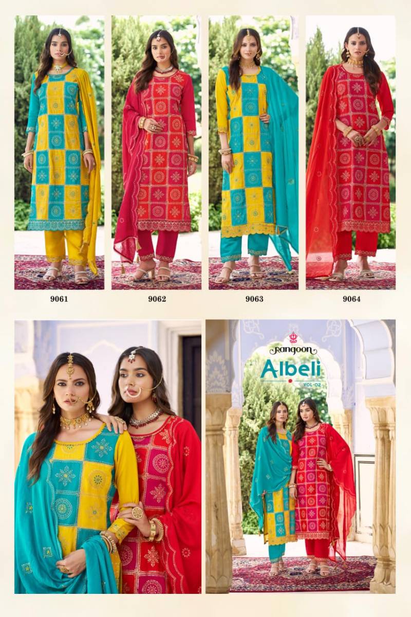 Rangoon Albeli Vol 2 Silk Fancy Work Kurti Pant And Dupatta Collection