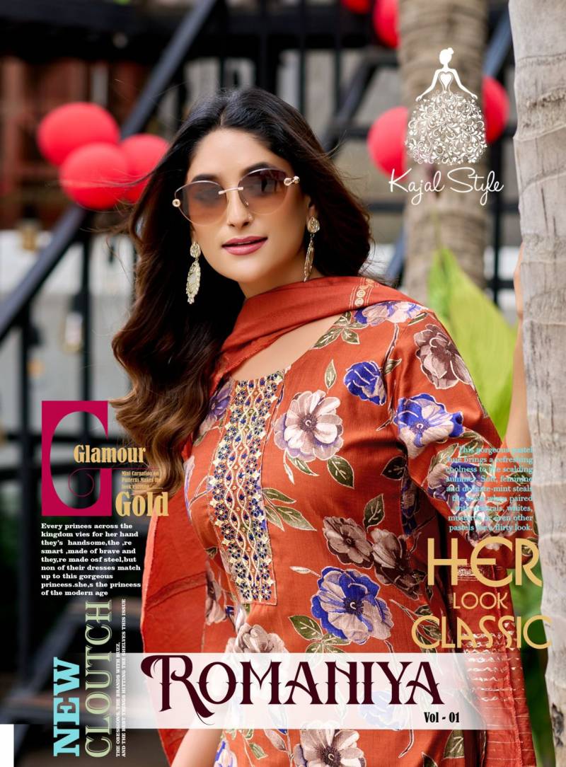 Romaniya Vol 1 By Kajal Style Vertican Embroidery Work Kurti Pant And Dupatta
