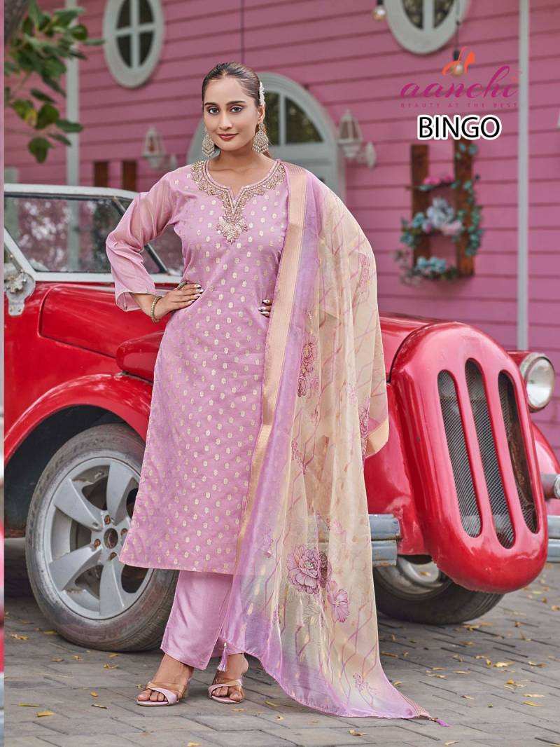 Aanchi Bingo Shimmer Jacquard Butti Kurti Pant And Dupatta Collection