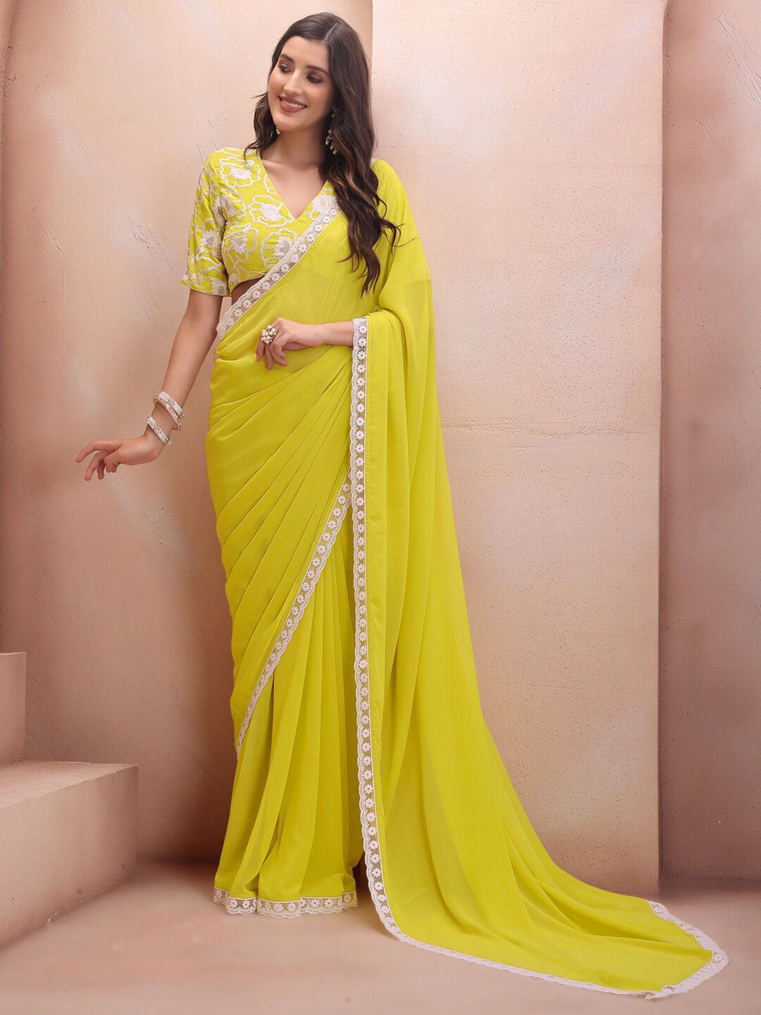 Lekha Chas Amruta Georgette Silk Plain Saree With Embroidery Lace With Embroidery Work Blouse