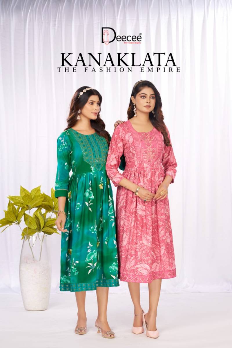 Deecee Kanaklata Rayon Printed Long Flared Kurtis Collection