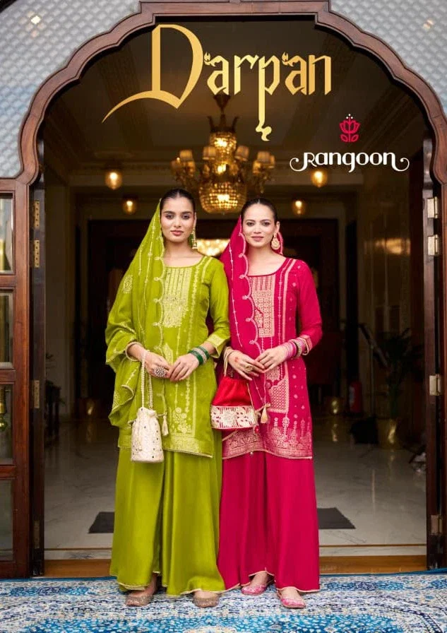 Rangoon Darpan Dola Russian Jacquard Katli Work Kurti Pant And Dupatta