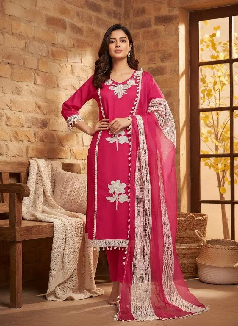 Naisha K 319 Pure Roman With Patch Kurti Pant And Dupatta Collection