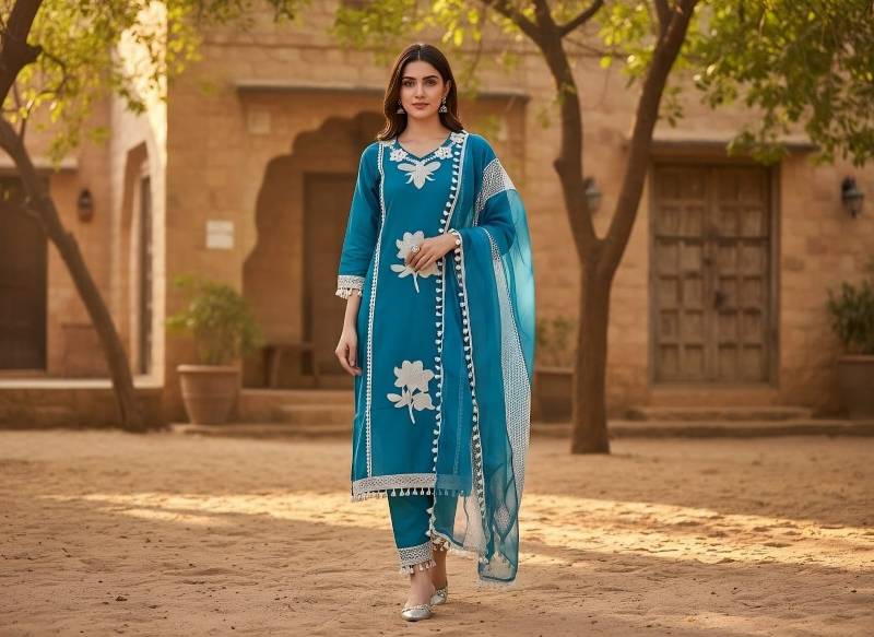 Naisha K 319 Pure Roman With Patch Kurti Pant And Dupatta Collection