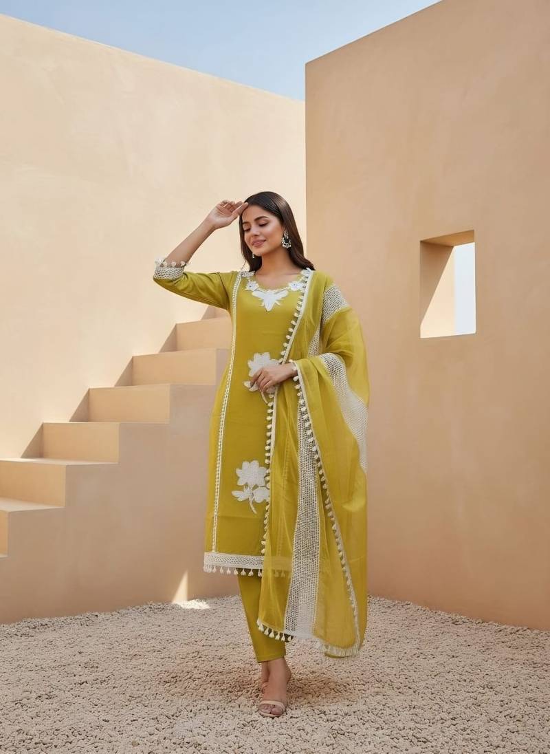 Naisha K 319 Pure Roman With Patch Kurti Pant And Dupatta Collection