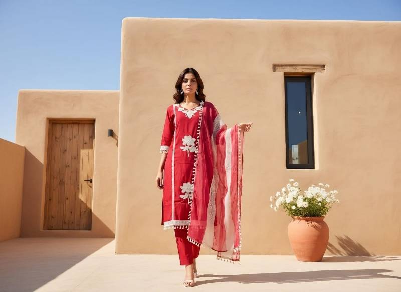 Naisha K 319 Pure Roman With Patch Kurti Pant And Dupatta Collection