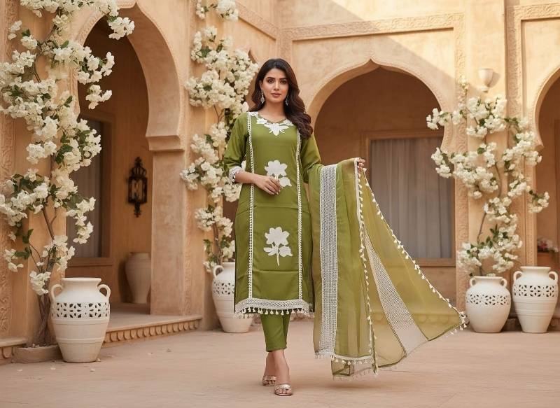 Naisha K 319 Pure Roman With Patch Kurti Pant And Dupatta Collection