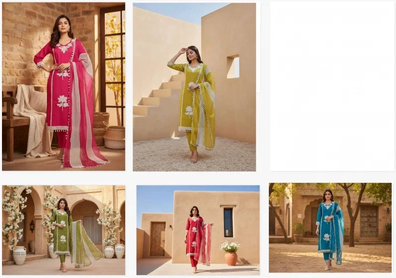 Naisha K 319 Pure Roman With Patch Kurti Pant And Dupatta Collection