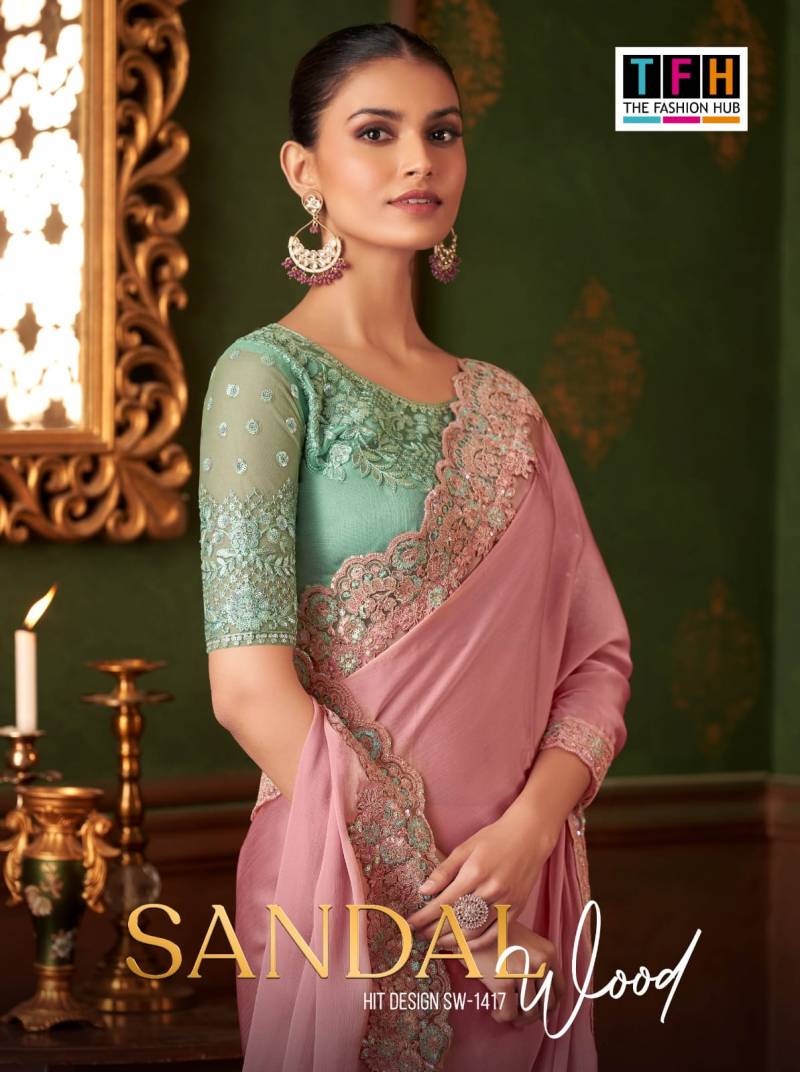 Tfh Sandal Wood 1417 A To F Powder Pink Silk Chiffon Designer Saree Collection