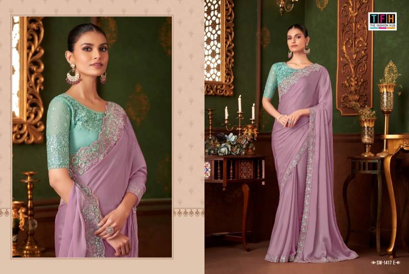 Tfh Sandal Wood 1417 A To F Powder Pink Silk Chiffon Designer Saree Collection