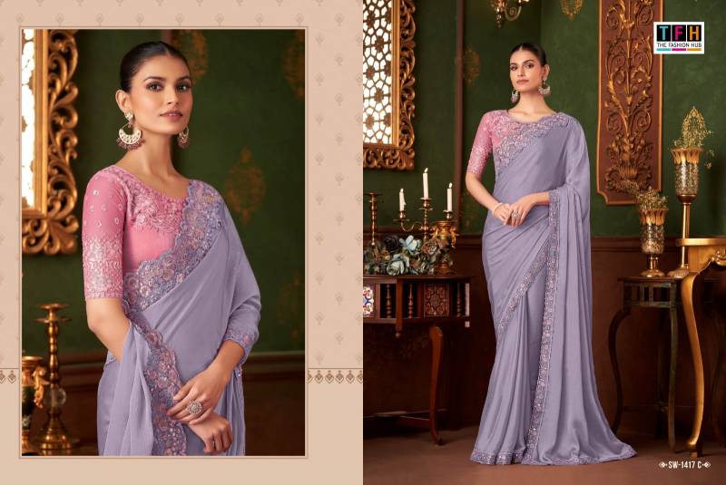 Tfh Sandal Wood 1417 A To F Powder Pink Silk Chiffon Designer Saree Collection