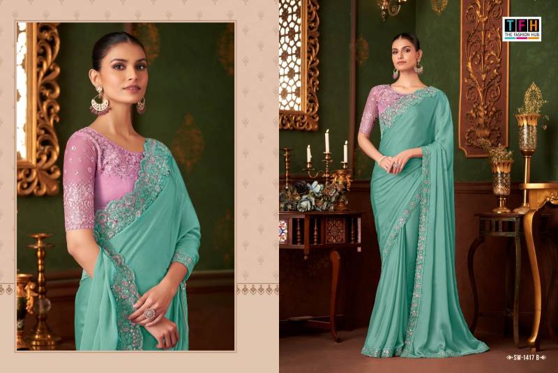 Tfh Sandal Wood 1417 A To F Powder Pink Silk Chiffon Designer Saree Collection