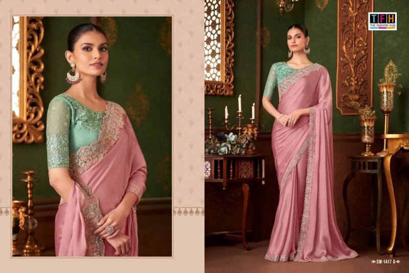 Tfh Sandal Wood 1417 A To F Powder Pink Silk Chiffon Designer Saree Collection