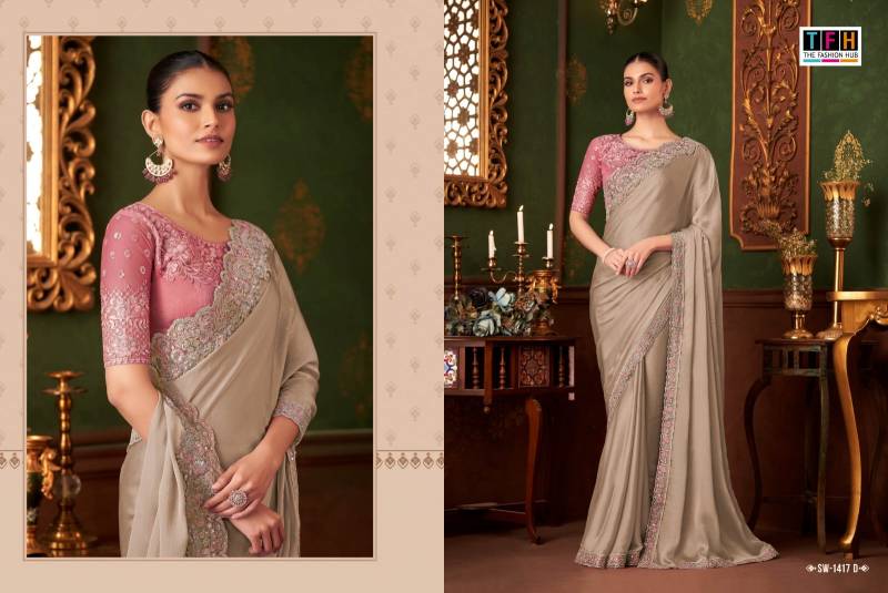 Tfh Sandal Wood 1417 A To F Powder Pink Silk Chiffon Designer Saree Collection