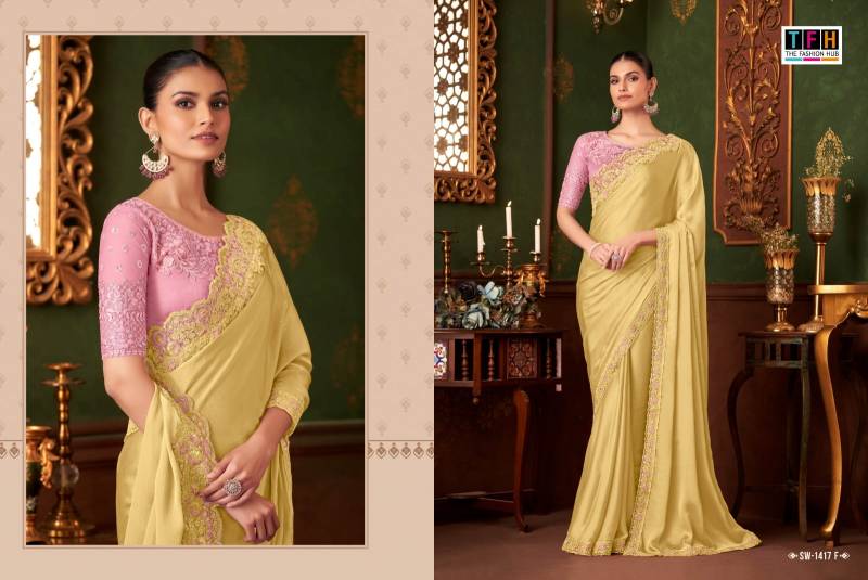 Tfh Sandal Wood 1417 A To F Powder Pink Silk Chiffon Designer Saree Collection