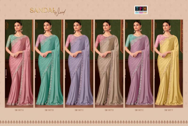 Tfh Sandal Wood 1417 A To F Powder Pink Silk Chiffon Designer Saree Collection