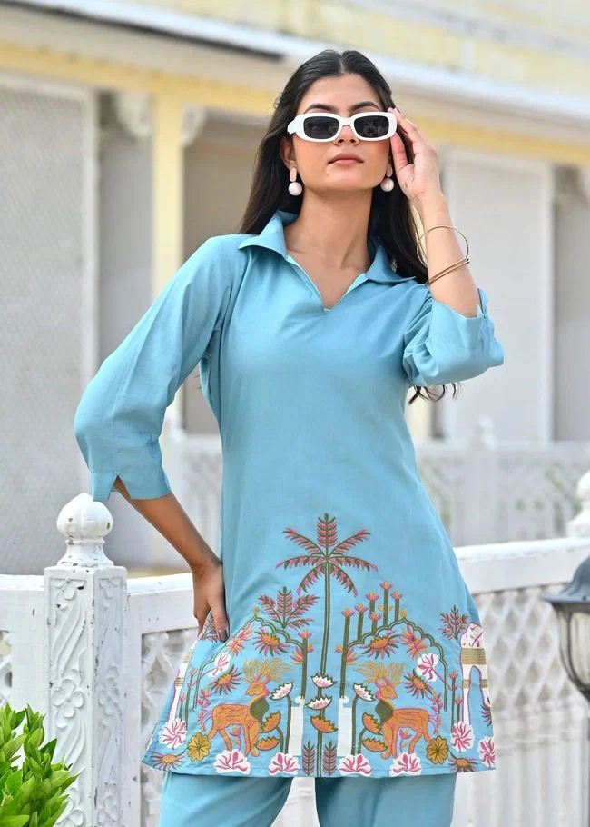 Lekha larq Ragvi Roman Silk top with bottom Co ord set