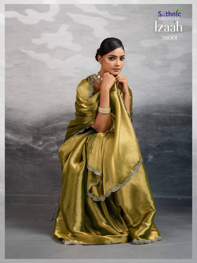 Sethnic Izaah Burberry Chiffon Gold Shine Festival Wear Saree