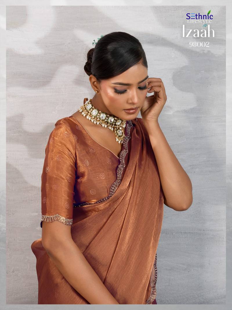 Sethnic Izaah Burberry Chiffon Gold Shine Festival Wear Saree