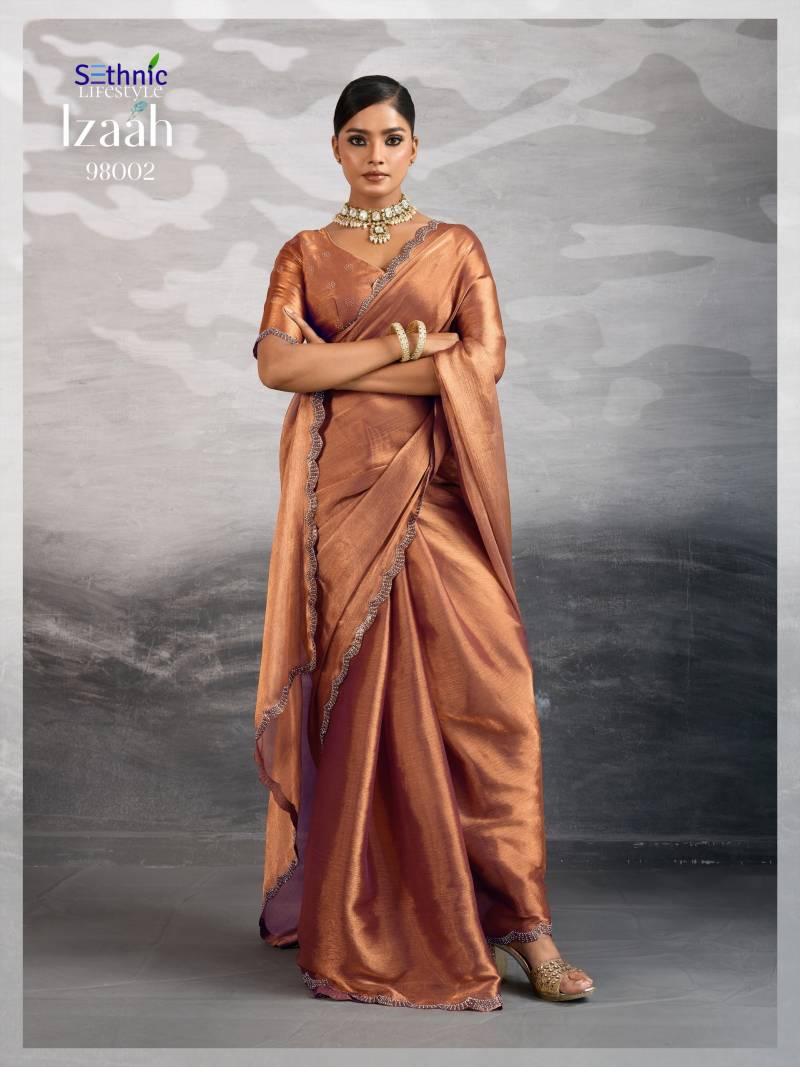 Sethnic Izaah Burberry Chiffon Gold Shine Festival Wear Saree