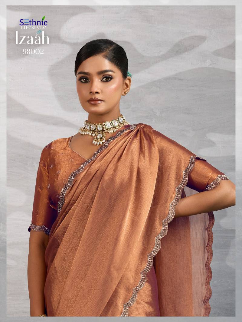 Sethnic Izaah Burberry Chiffon Gold Shine Festival Wear Saree
