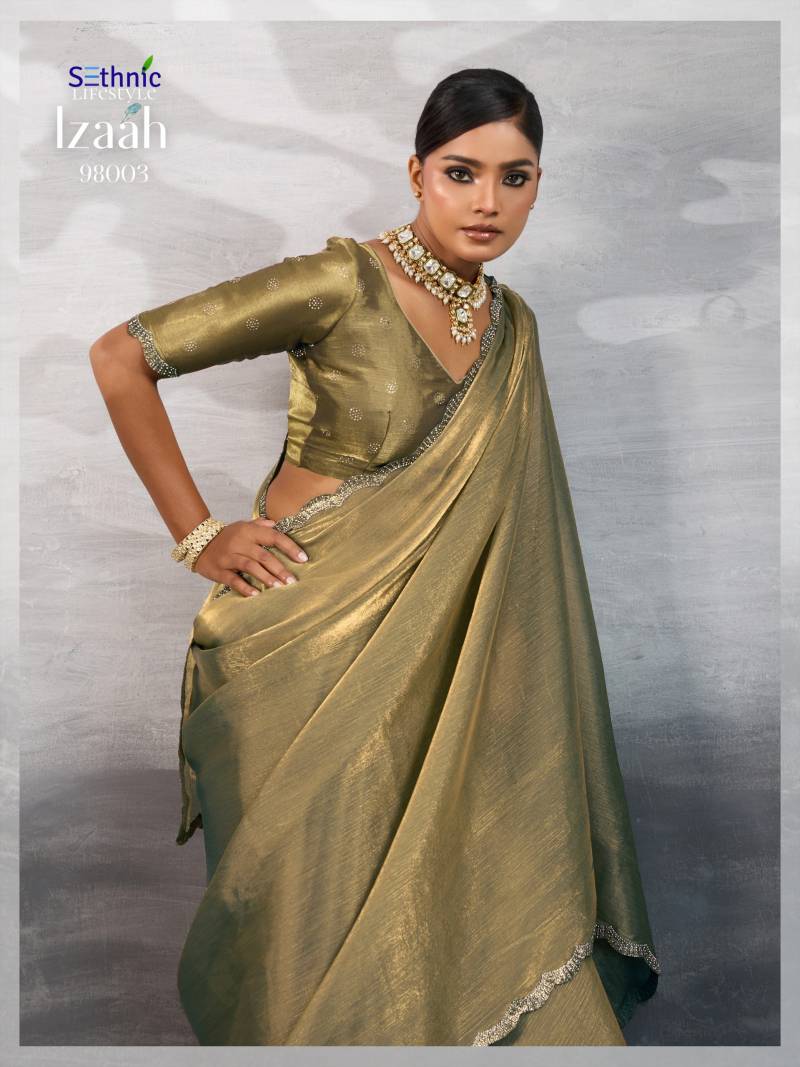Sethnic Izaah Burberry Chiffon Gold Shine Festival Wear Saree
