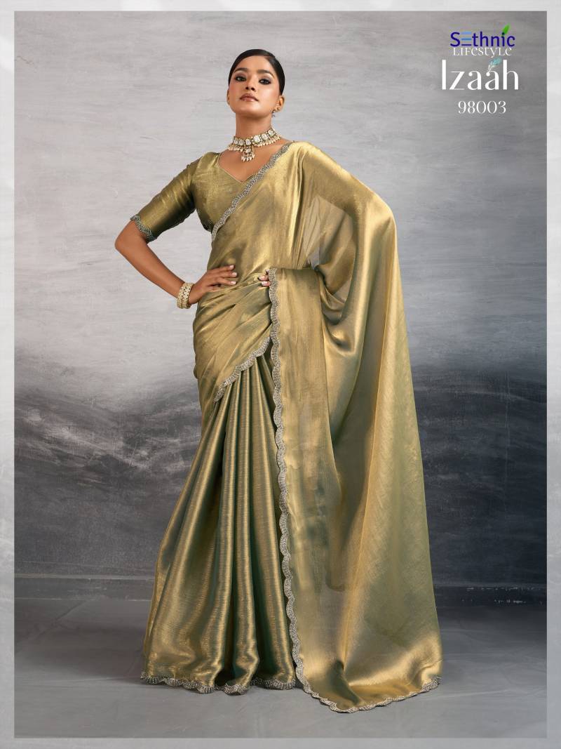 Sethnic Izaah Burberry Chiffon Gold Shine Festival Wear Saree
