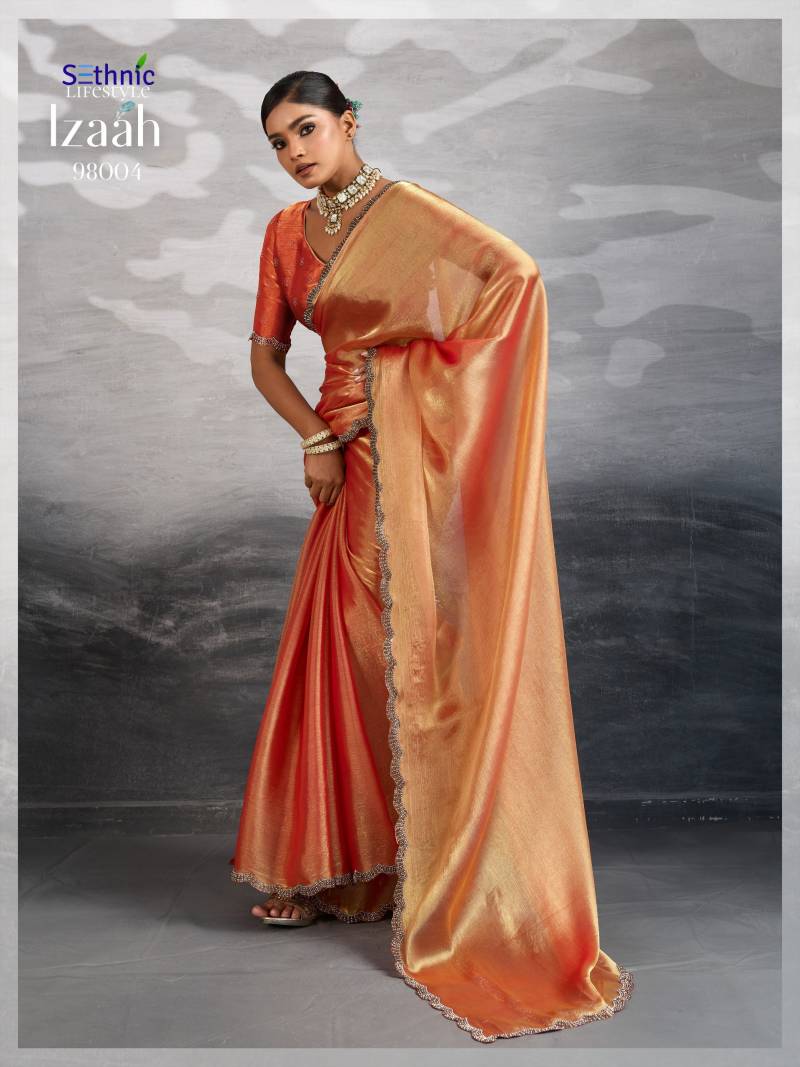 Sethnic Izaah Burberry Chiffon Gold Shine Festival Wear Saree