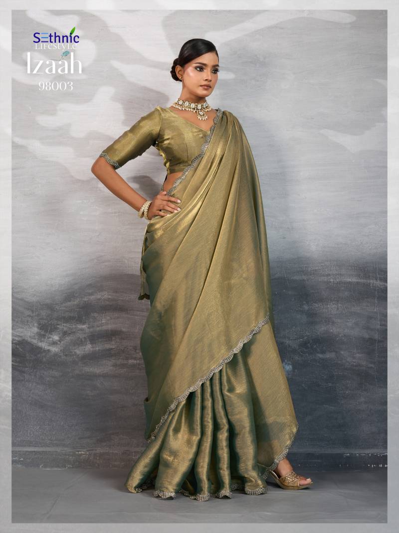 Sethnic Izaah Burberry Chiffon Gold Shine Festival Wear Saree