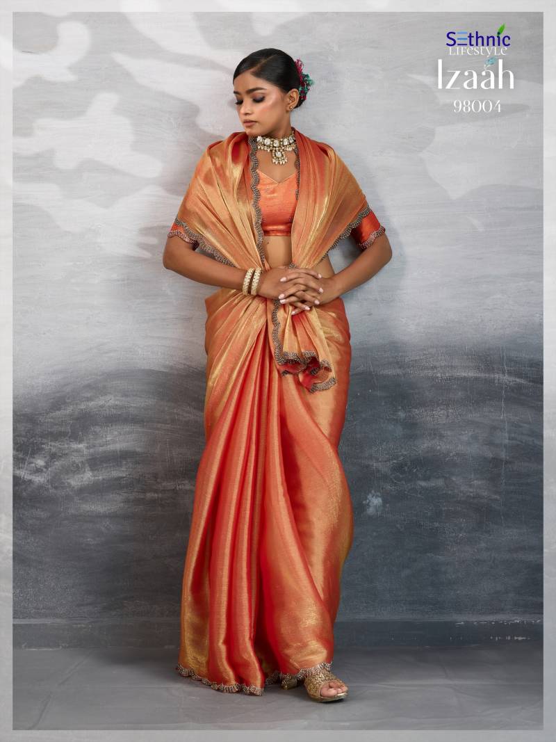 Sethnic Izaah Burberry Chiffon Gold Shine Festival Wear Saree