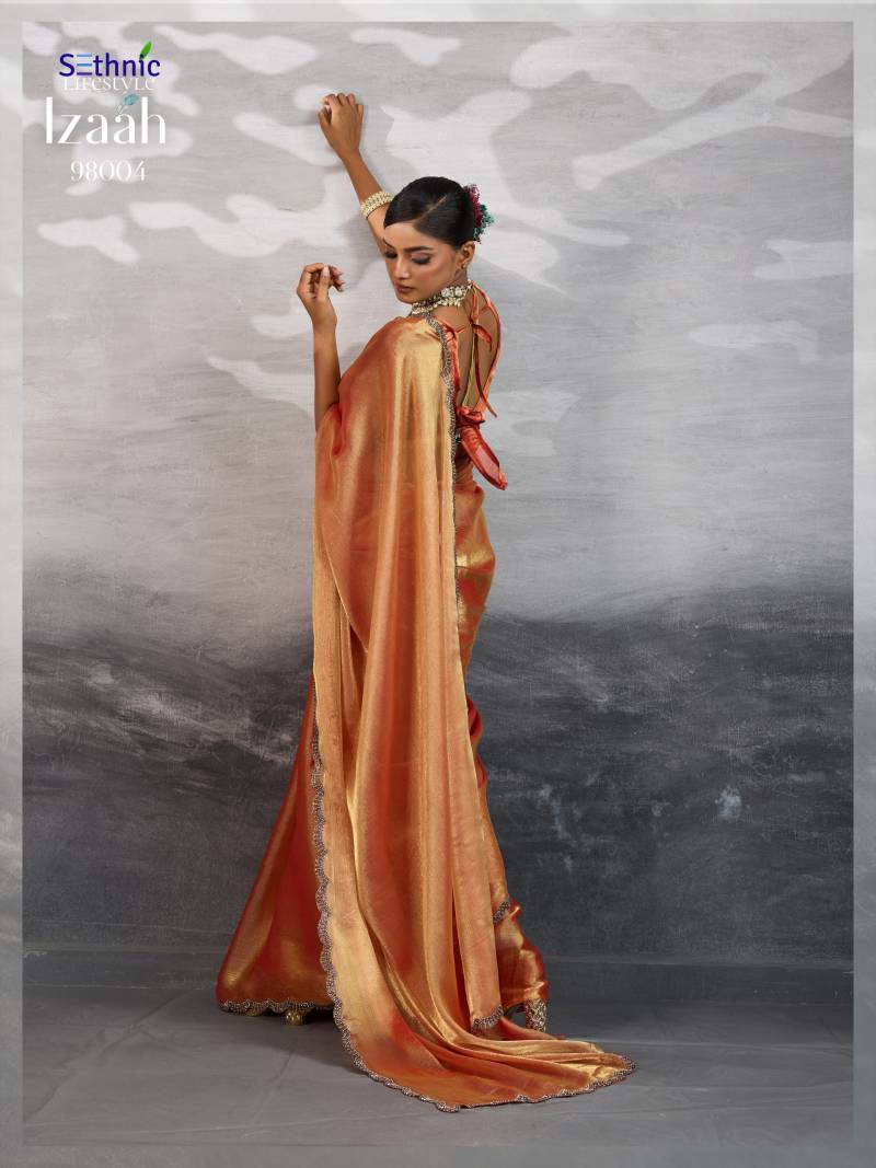 Sethnic Izaah Burberry Chiffon Gold Shine Festival Wear Saree