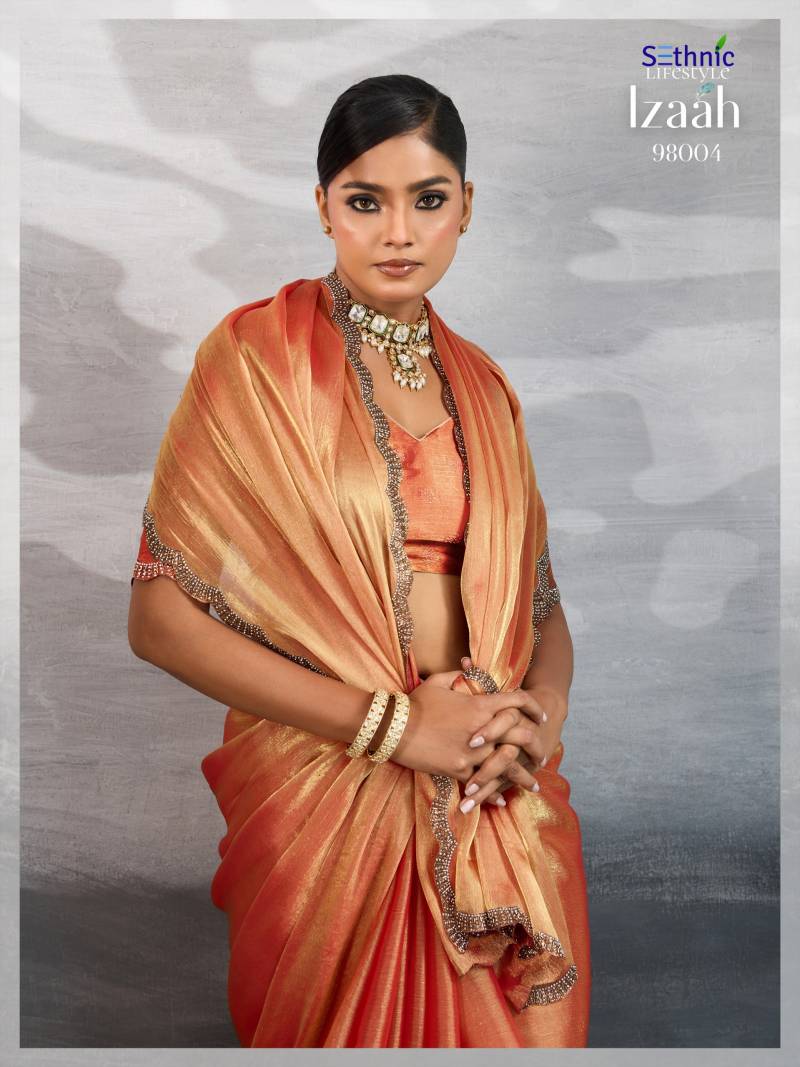 Sethnic Izaah Burberry Chiffon Gold Shine Festival Wear Saree