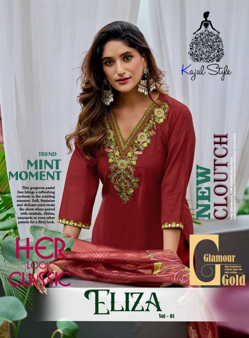 Eliza Vol 1 By Kajal Style Vertican Plain Work Kurti Pant And Dupatta