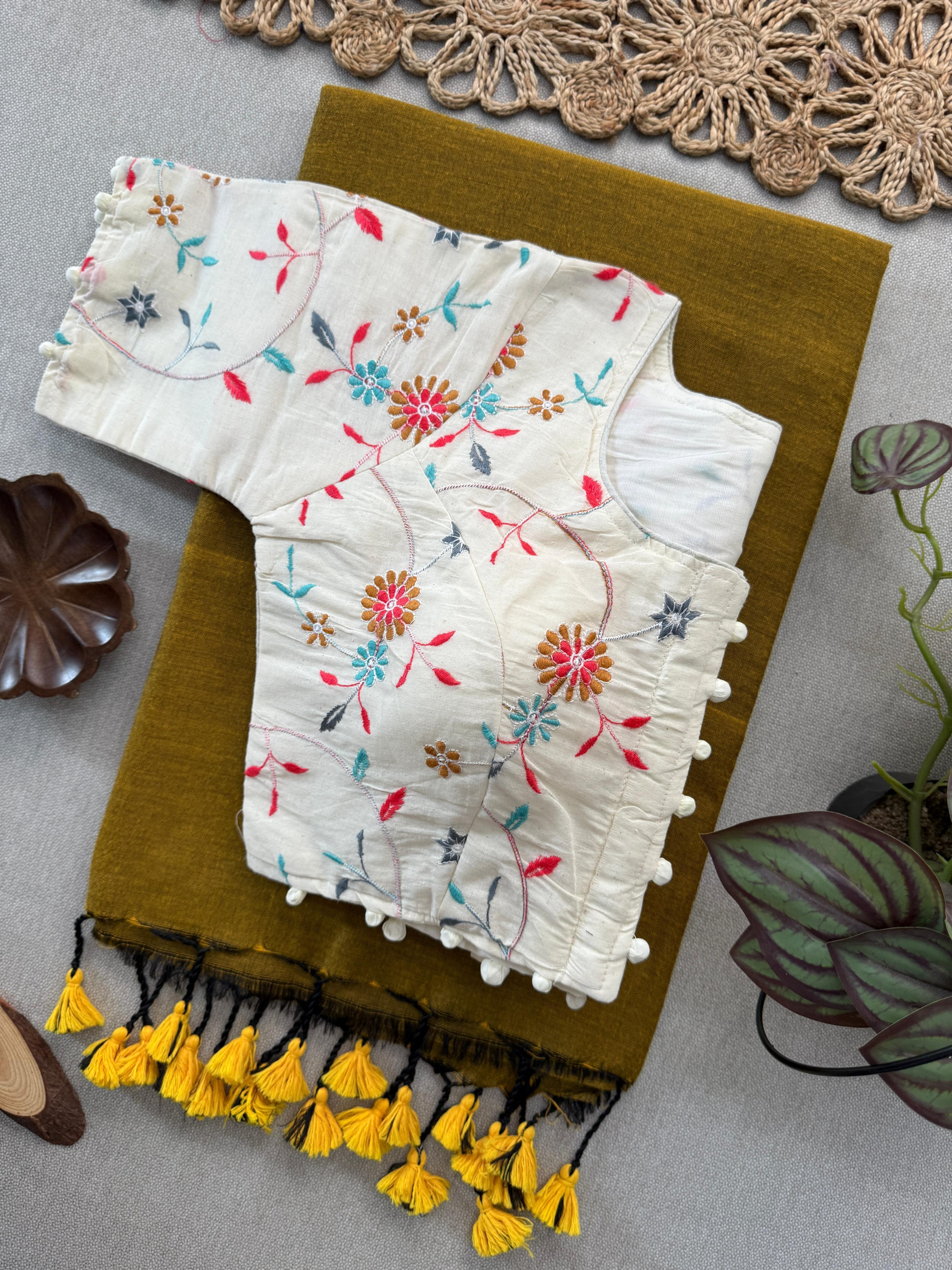 Lekha Cf 168 Khadi Cotton Plain Saree With Embroidery Readymade Blouse
