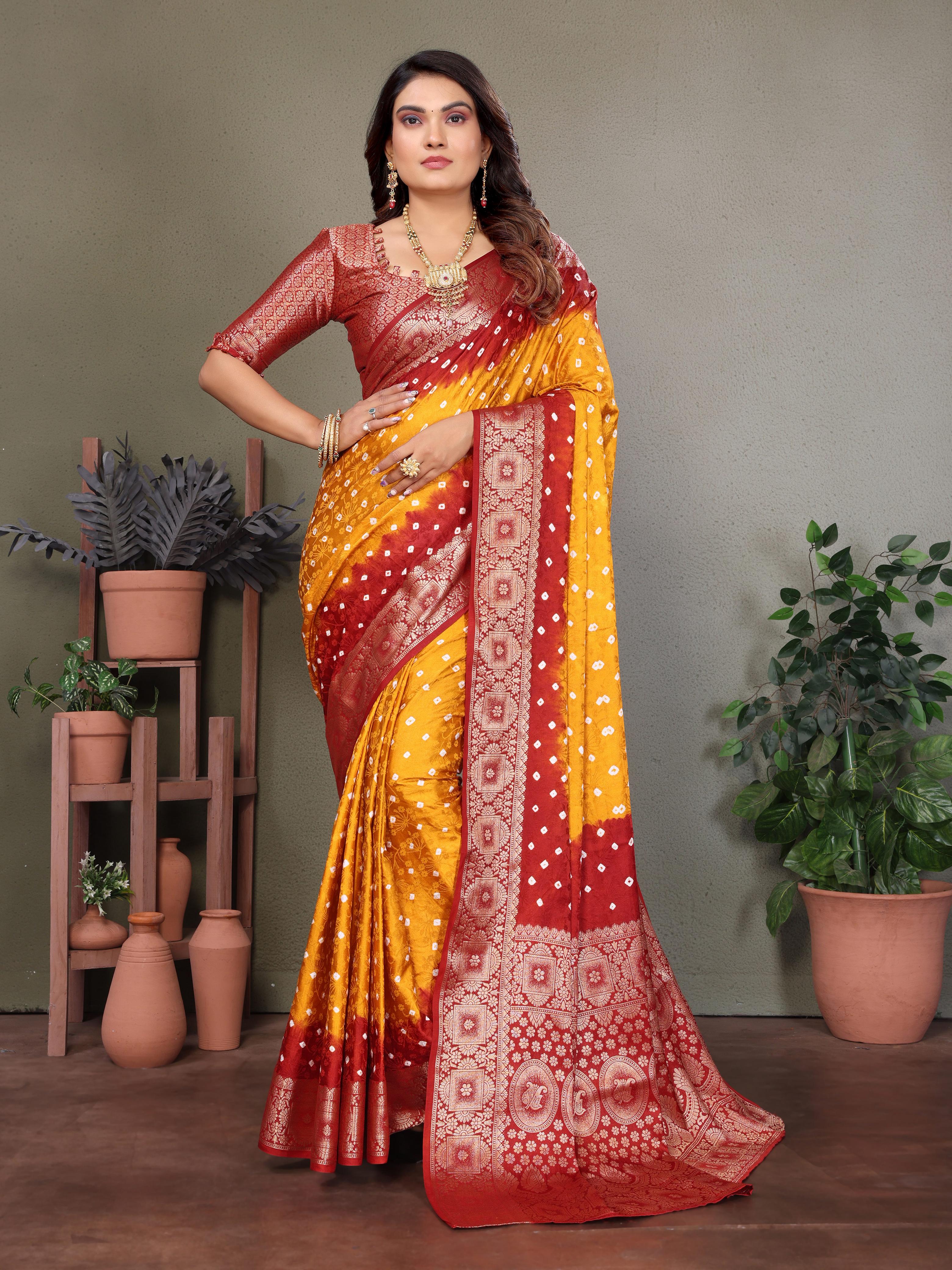 Lekha VC Satyavati Satin Silk Bandhej With Zari Weaving Border Saree
