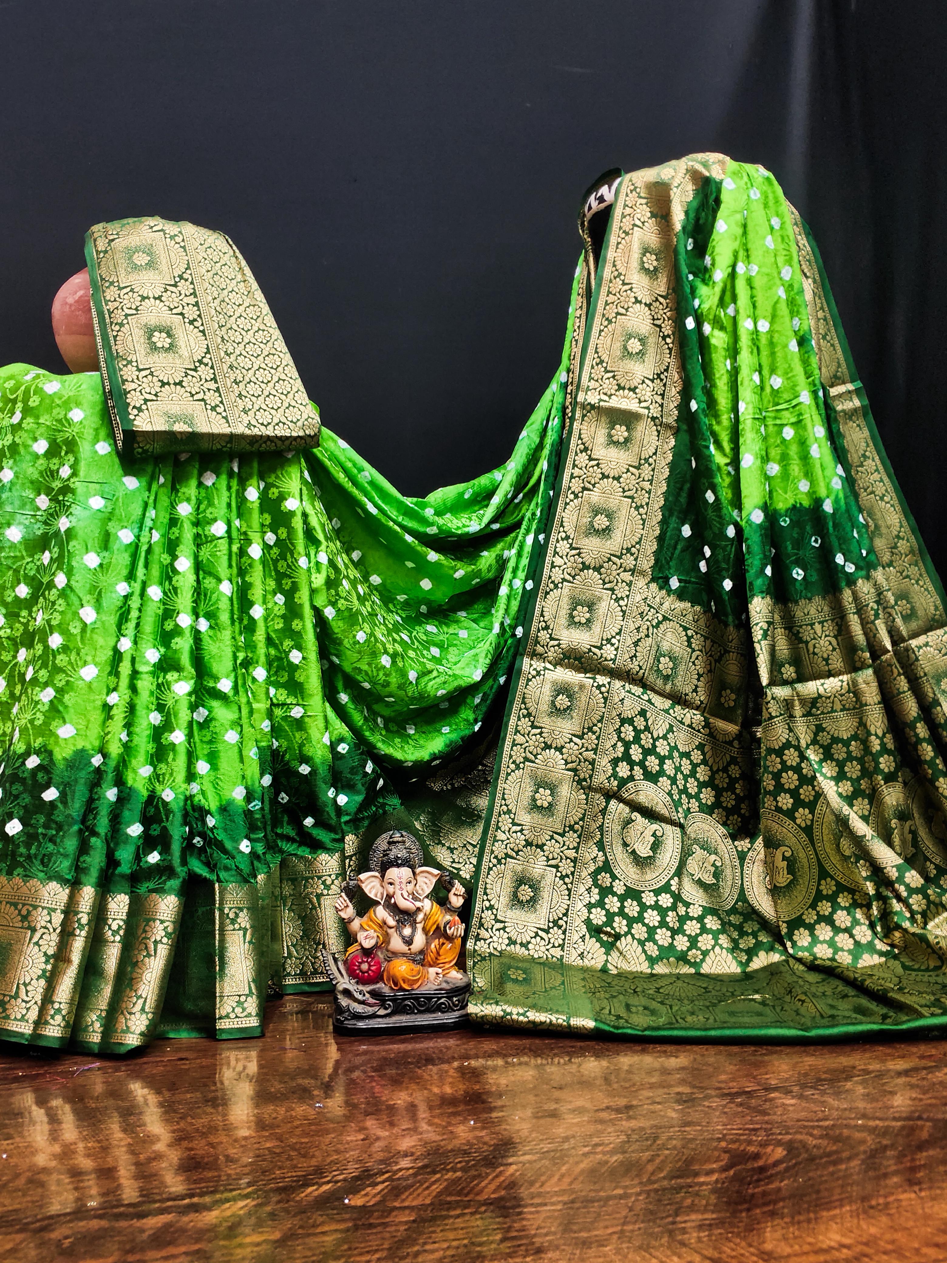 Lekha VC Satyavati Satin Silk Bandhej With Zari Weaving Border Saree