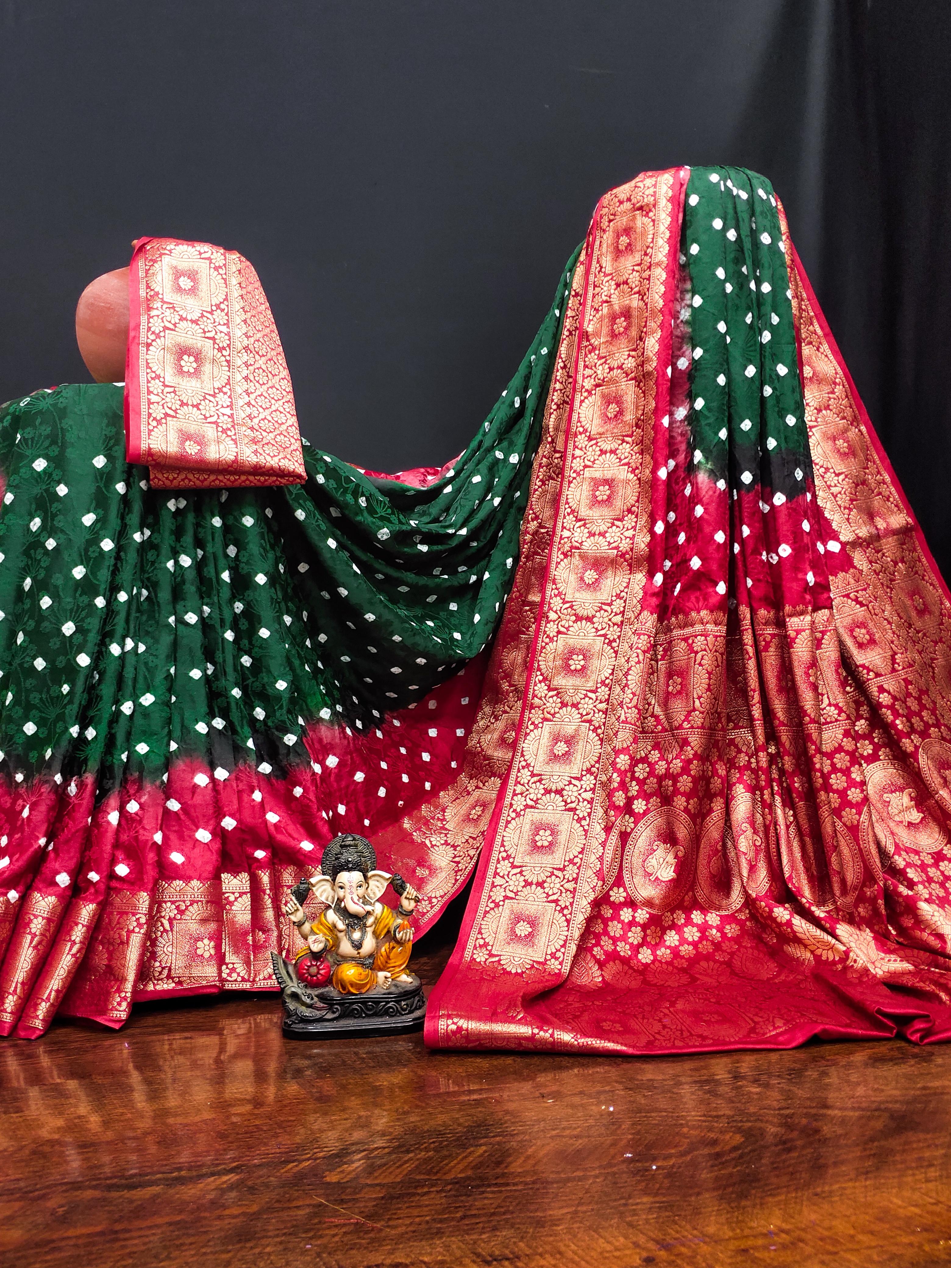 Lekha VC Satyavati Satin Silk Bandhej With Zari Weaving Border Saree