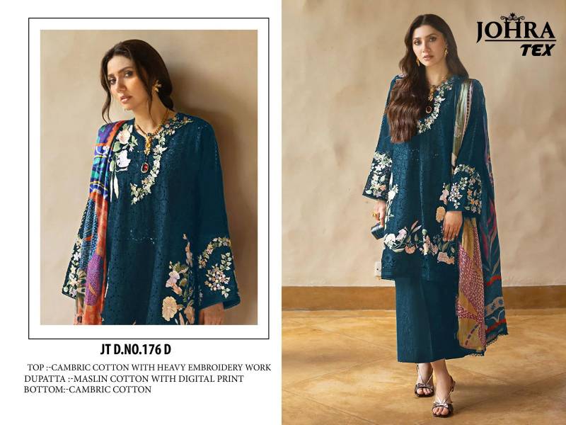 Johra Tex 176 D Cambric Cotton Embroidery Pakistani Suits Collection