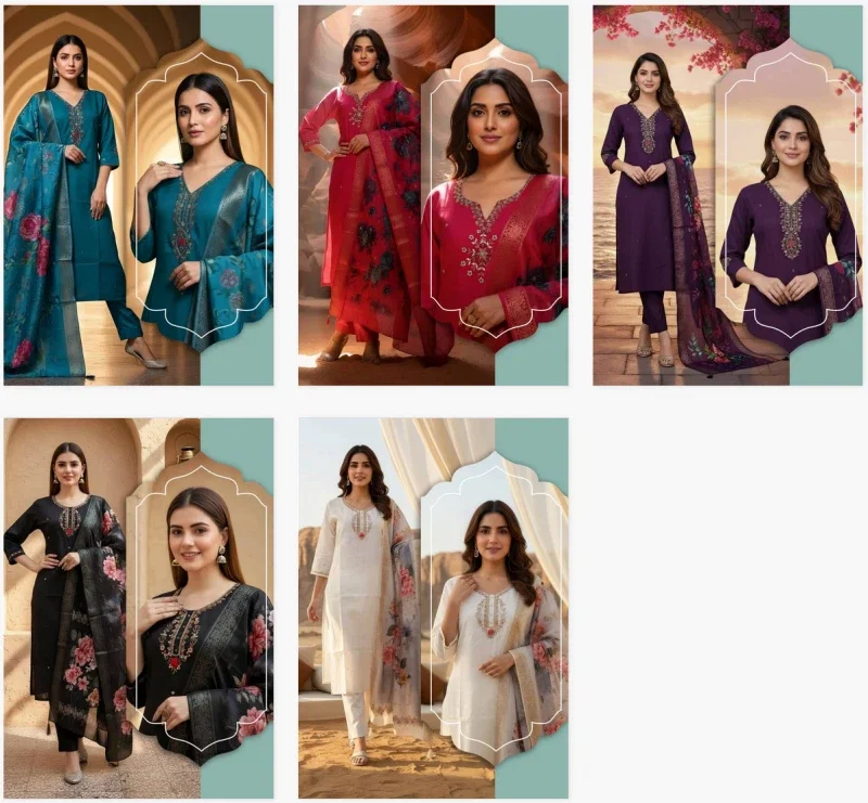 Naisha K 327 Vol 2 Silk Handwork Kurti Pant And Dupatta Collection