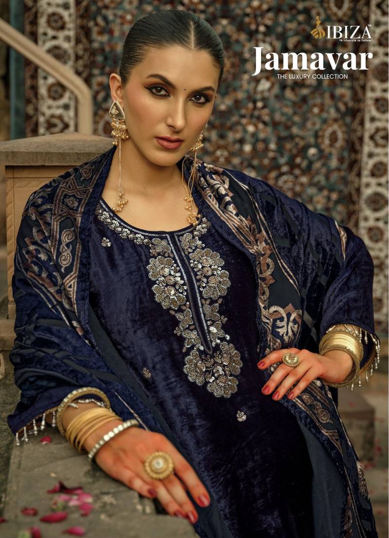 Ibiza Jamavar Viscsoe Velvet Beads Work Salwar Kameez Collection