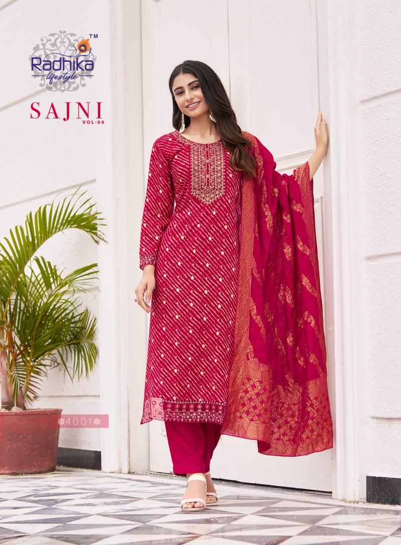Radhika Sajni Vol 4 Rayon Print Embroidery Work Kurrti Pant And Dupatta