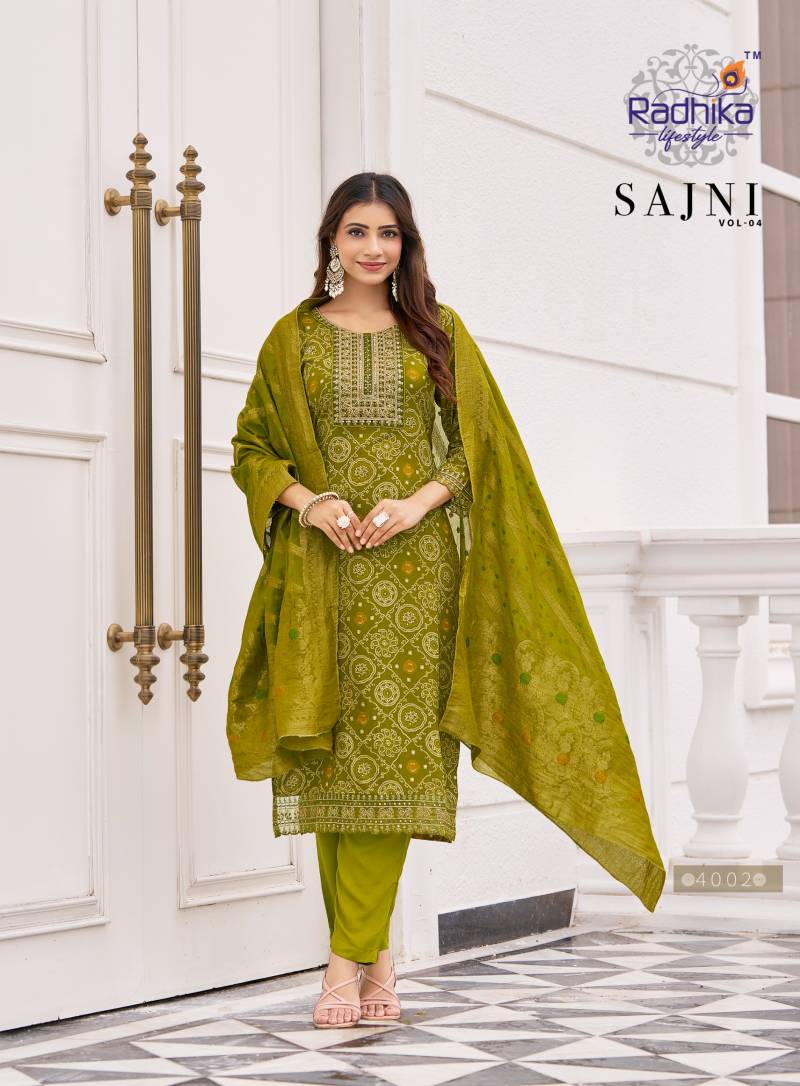 Radhika Sajni Vol 4 Rayon Print Embroidery Work Kurrti Pant And Dupatta